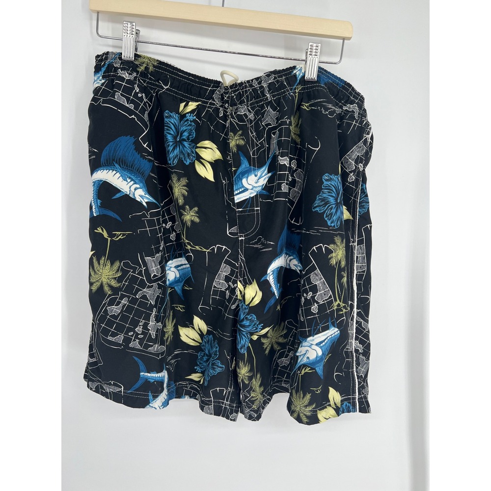 Mens Black Tropical Marlin Hibiscus Print Swim Trunks Board Shorts Elastic Waist